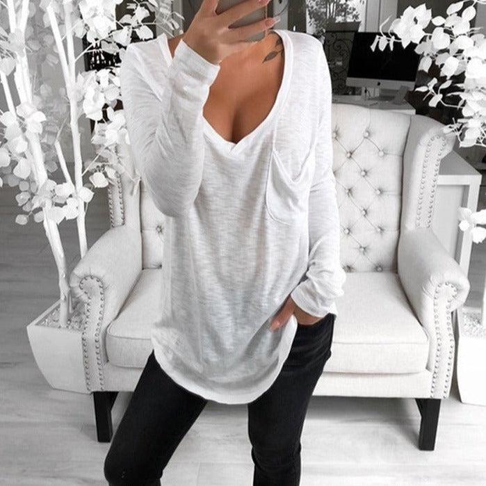 Women's sexy v neck loose fit long sleeves pockets shirts tunic pullover tops