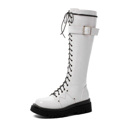 Women's thick platform knee high combat boots with buckle cool lace-up martin boots with zipper