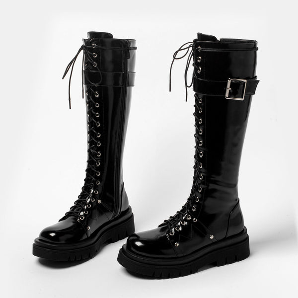 Women's thick platform knee high combat boots with buckle cool lace-up martin boots with zipper