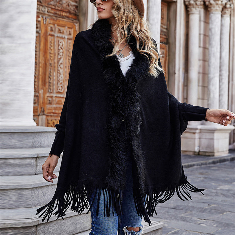 Women's fuzzy trim shawl cape coat open front