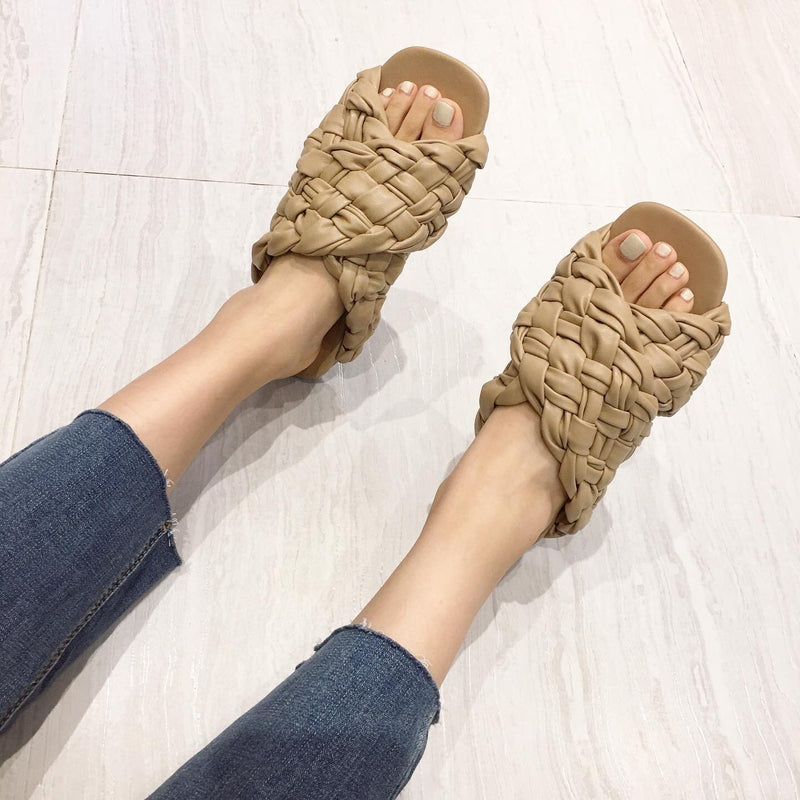 Women's woven criss cross flat peep toe slide sandals