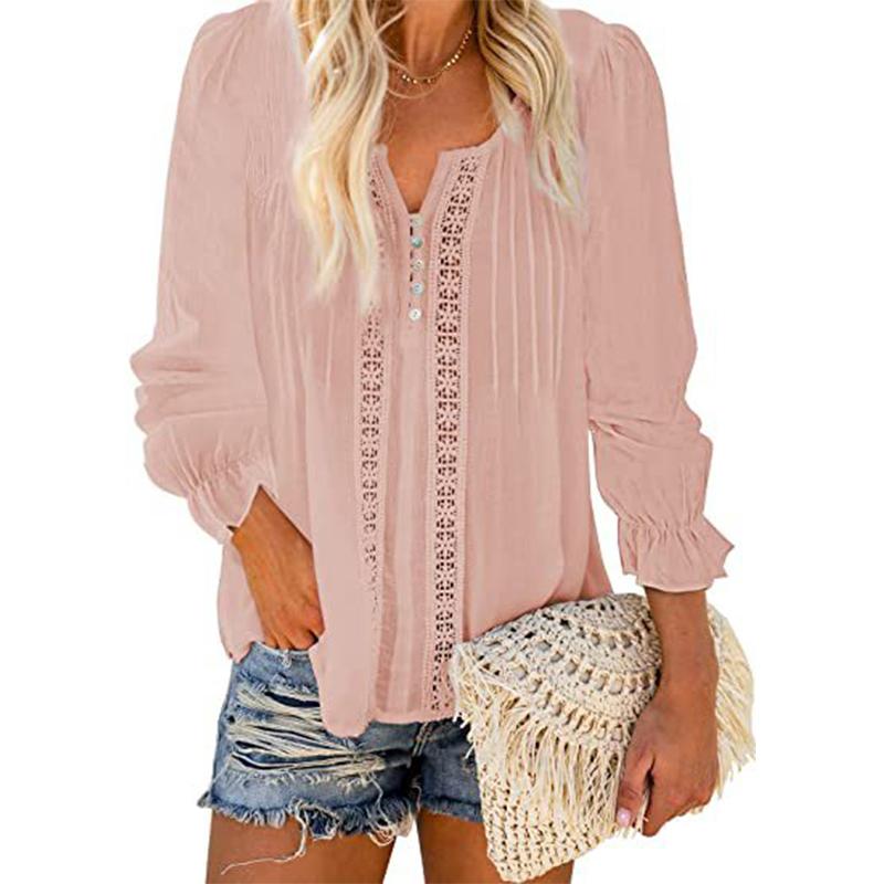 Women's lace trim hollow chiffon blouse | v neck long sleeves pullover tops