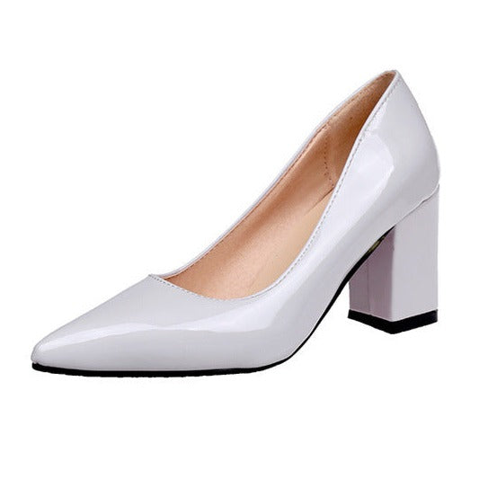 PU patent leather pointed toe chunky block heels pumps office work high heels