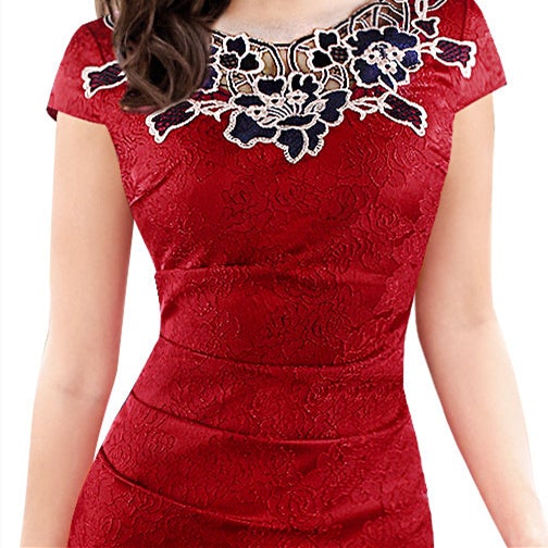 Floral lace embroidery neckline elegant midi pencil dress