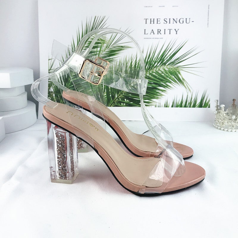 Clear one band ankle strap chunky high heeled sandals