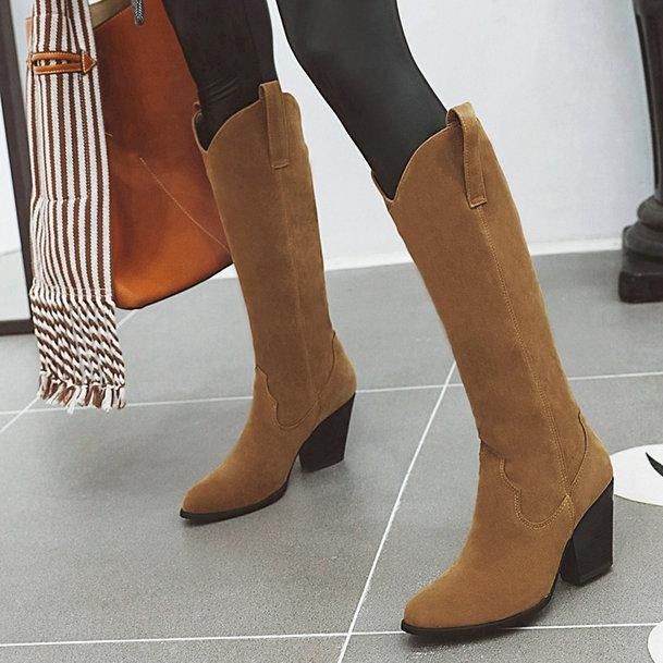Women pointed toe chunky block heel solid cowboy boots