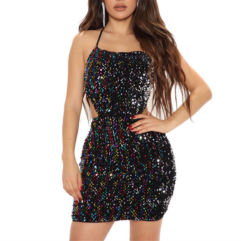 Women's sexy sequins paghetti strap bodycon mini dress backless summer evening party dress