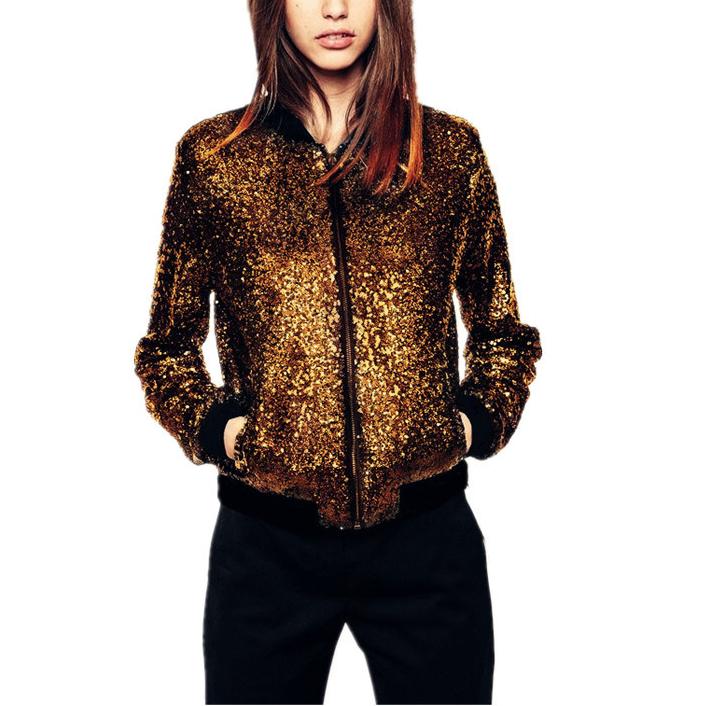 Women sequins zipper bomber jacket party nightclub glitter short outerwear coat