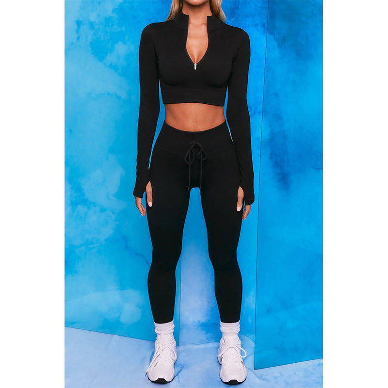 Women's rib-knit half zip long sleeves cropped tops and leggings 2 pieces fitness sports suits