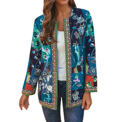 Women's boho ethnic printed cardigan coat patchwork retro jacket with pockets