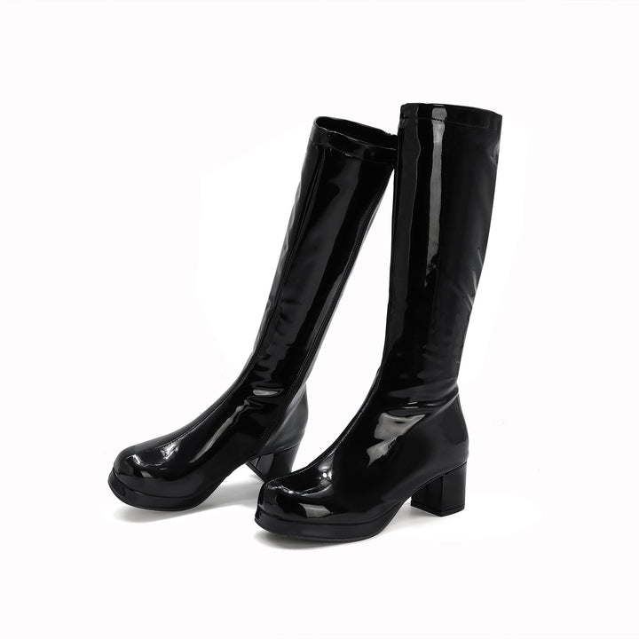PU patent leather square heel mid calf boots candy color platform boots for party