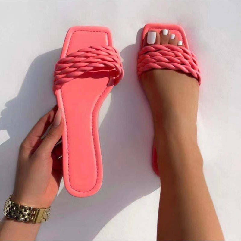 Women's flat open toe woven slides