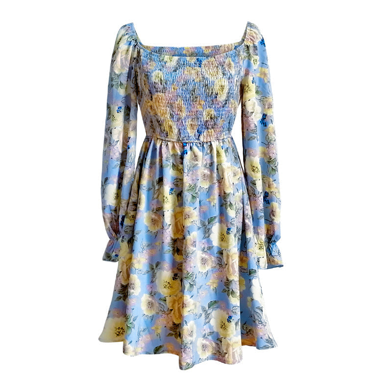 French chic flower print square neck long sleeves mini dress Spring summer party prom dress