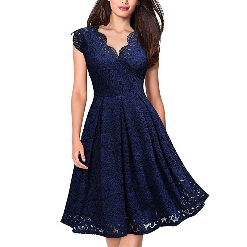 Retro floral lace v-neck cocktail party A-line dress | Sleevesless large swing party guest dress