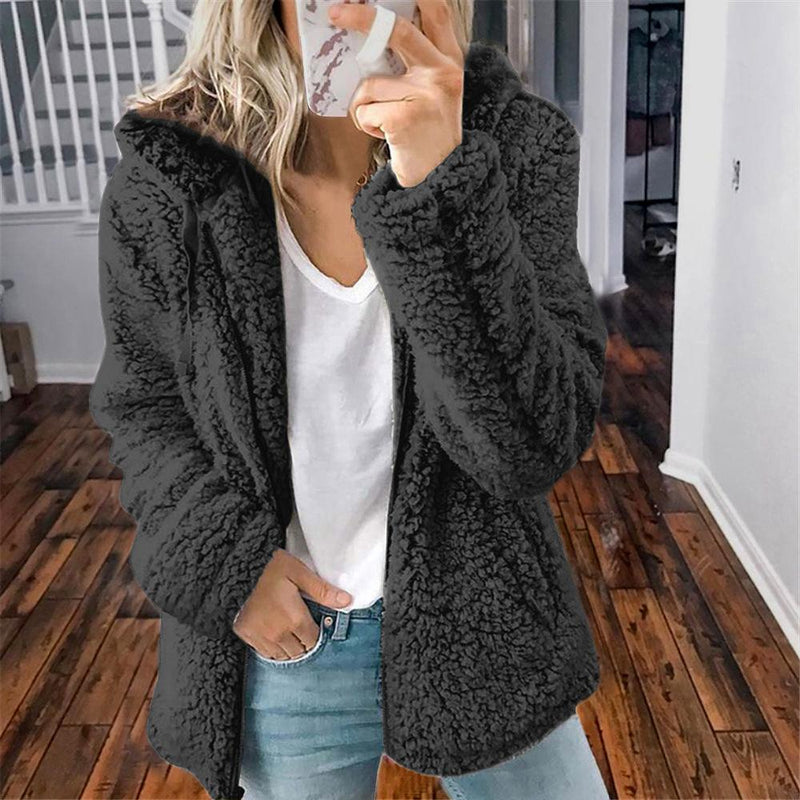 Women faux shearling hooded chunky coat fluffy warm winter zip-up outerwear