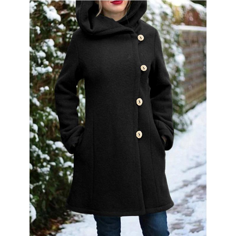 Women tweed hooded side button-down coat dress longline outerwear