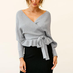 Women elegant sexy v neck belted knit sweater ruffles trim sweater