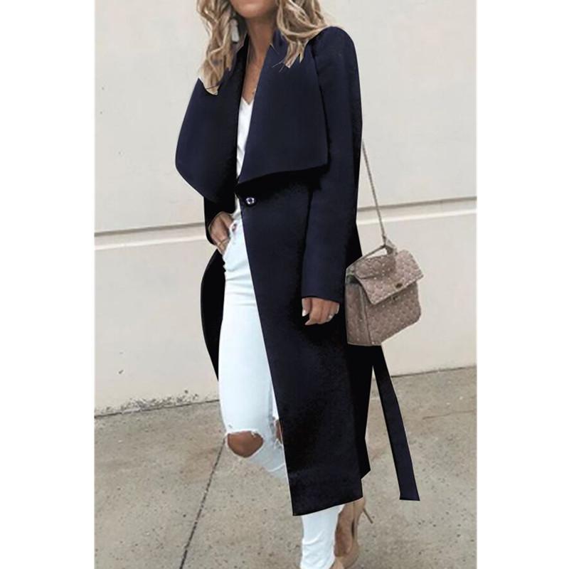 Women's tweed lapel collar long coat with belt