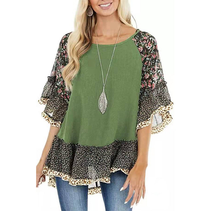 Women's floral printed half sleeves batwing sleeves tops spring summer ruffles pullovers tops