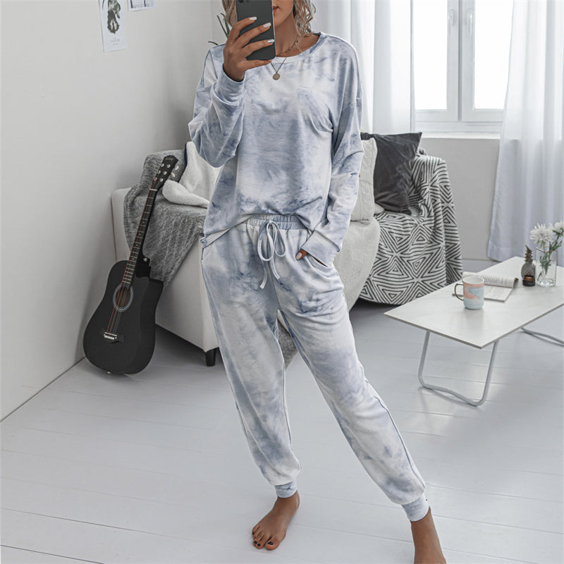 Women's tie dye hooded long sleeves 2 pieces suits drawstring elastic waistband lounge suits