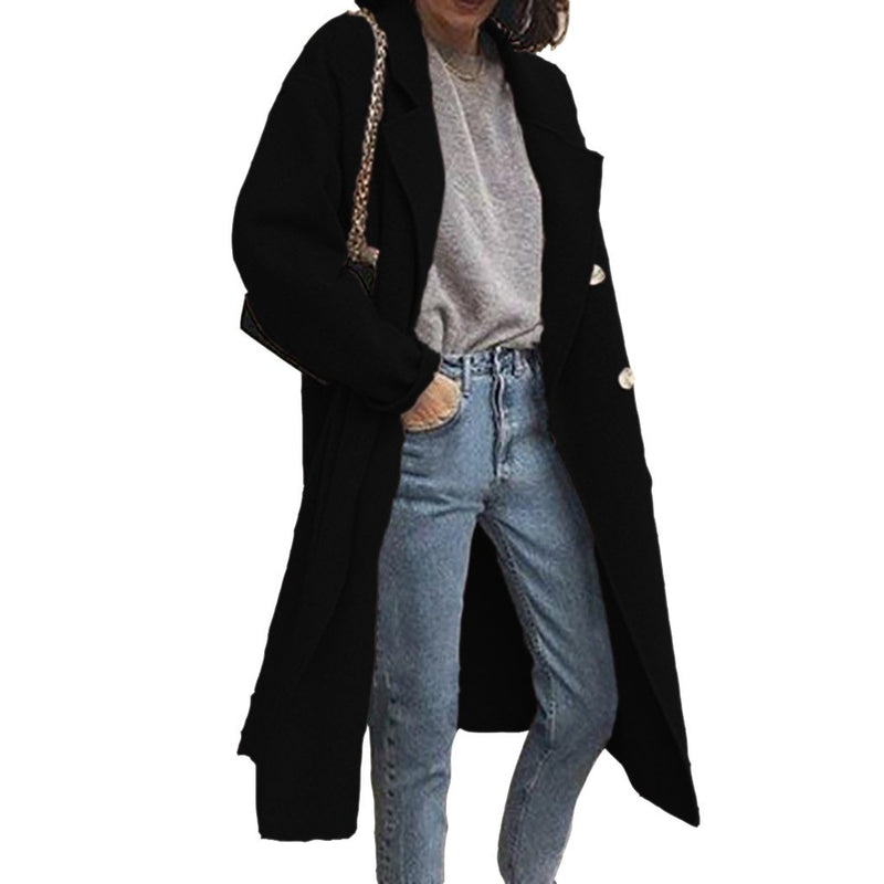 Women double-breasted tweed long trench coat lapel maxi outerwear