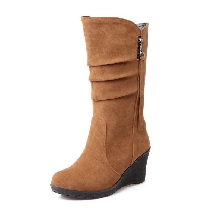 Women's wedge heel mid calf slouch boots