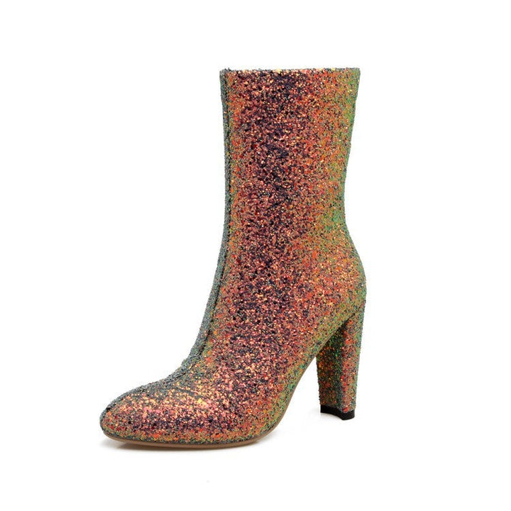 Women's sequins glitter chunky high heel mid calf boots