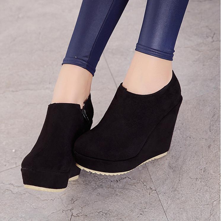 Wedge heel ankle boots side zip slip on round toe boots