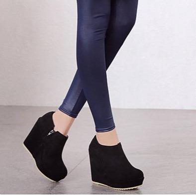 Wedge heel ankle boots side zip slip on round toe boots