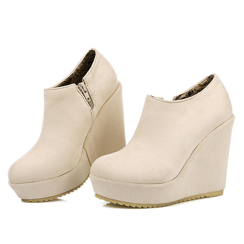 Wedge heel ankle boots side zip slip on round toe boots