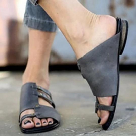 Plain Flat Peep Toe Slide Sandals For Women - fashionshoeshouse
