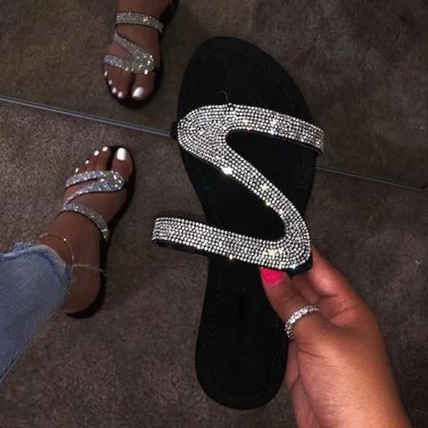 Sparkling Beads Glitter Flat Slide Sandals Women Shiny Slipper - fashionshoeshouse