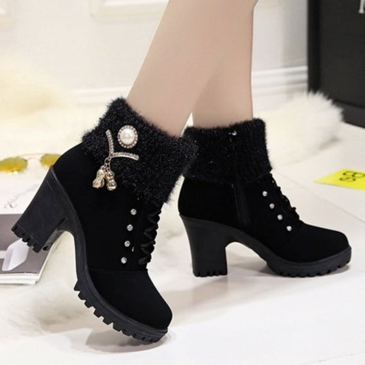 Women's plush lining warn lace-up ankle boots fashion rhinestone block heel booties