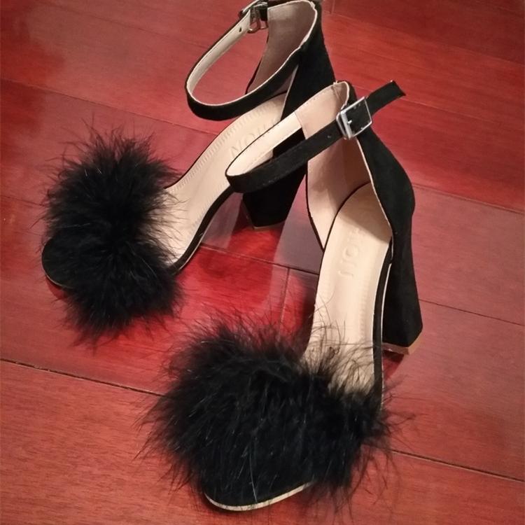 Women's fuzzy peep toe buckle strap chunky high heels sandals