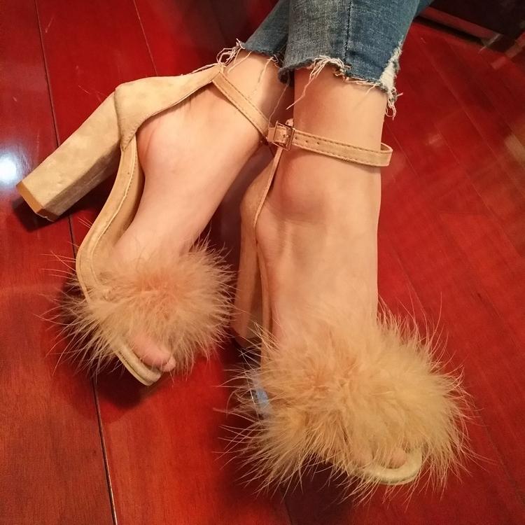 Women's fuzzy peep toe buckle strap chunky high heels sandals