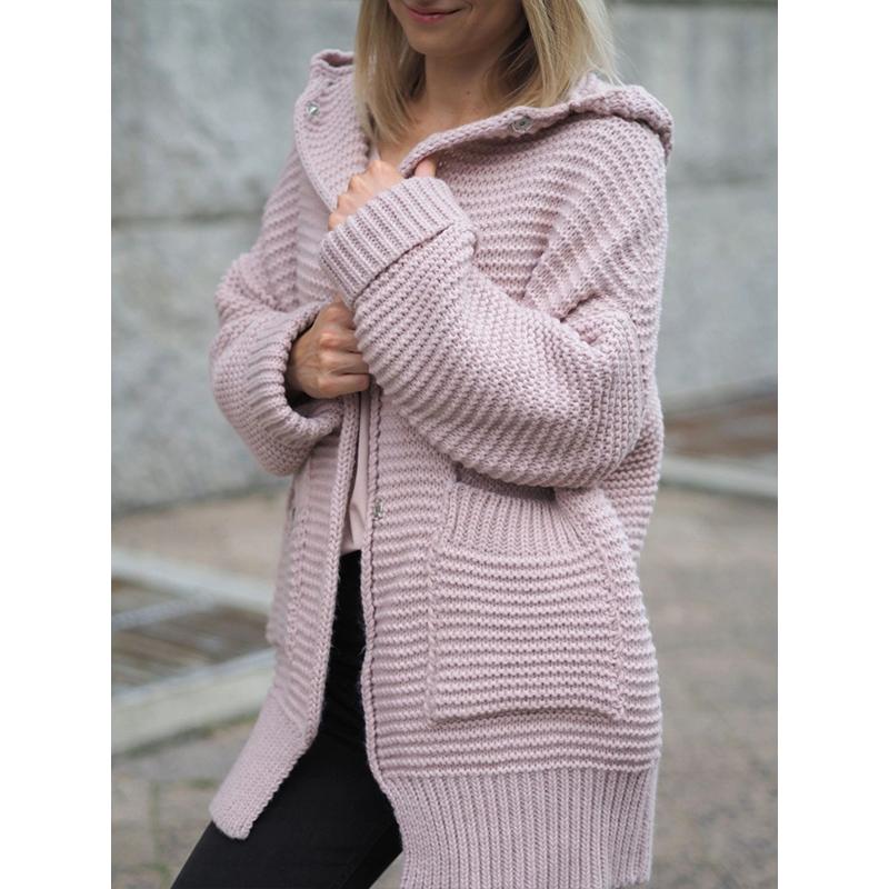 Women hooded knit open front cardigan sweater with pockets