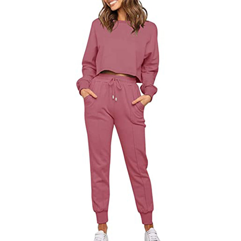Women's long sleeves cropped tops & sweatpants 2 pieces tracksuits with pockets winter fitness sport outfits