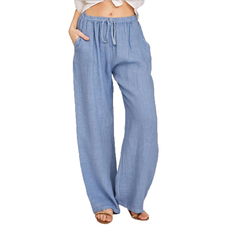 Women's cotton linen drawstring pants loose fit wide leg pants