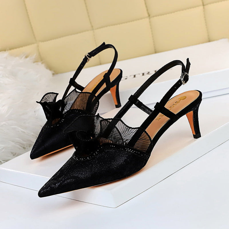 Women's black lace floral closed toe slingback heels | Sexy banquet evening party heels