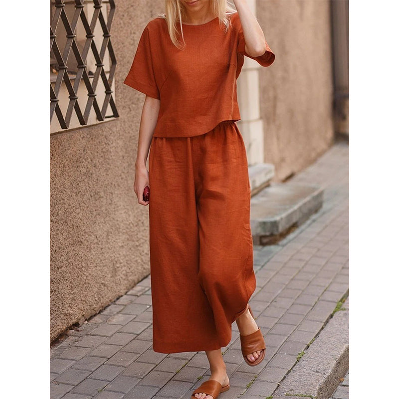 Women's summer short sleeves tops and wide leg pants 2 pieces outfits lounge suits