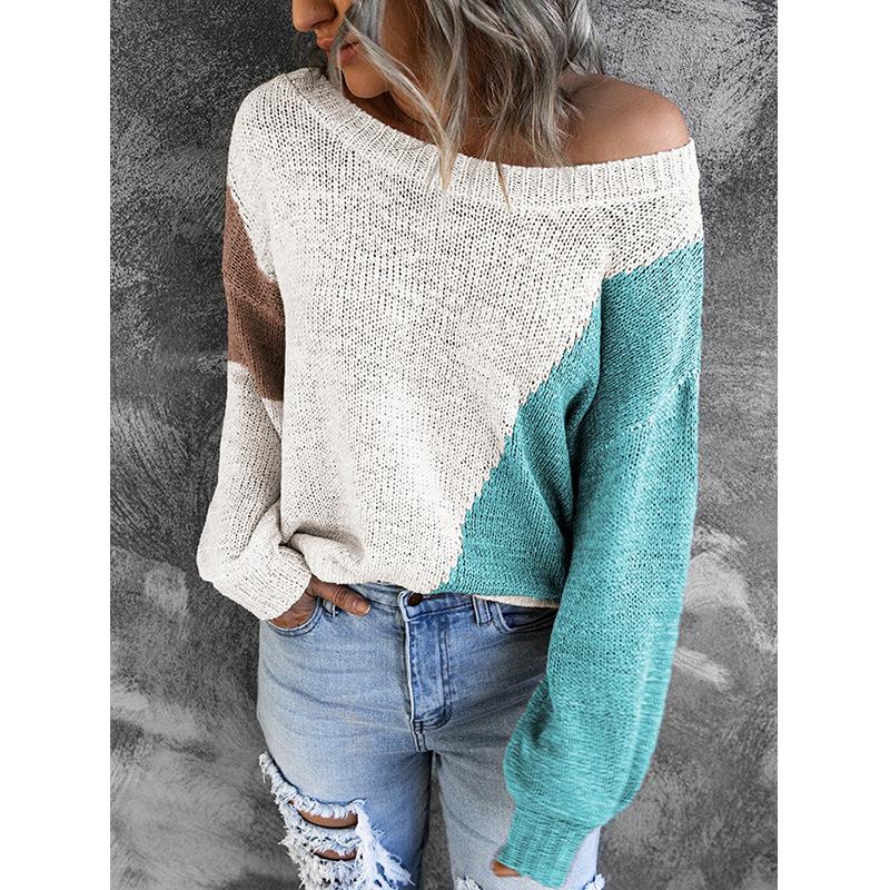 Women off shoulder multicolor patchwork knitted sweater