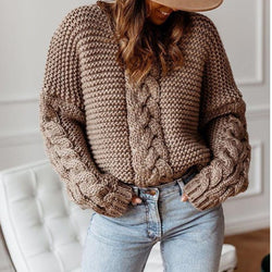 Women cable knit v neck chunky long sleeves sweater