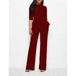 Women's solid color stand collar long wide leg trousers jumpsuits half sleeves top jumpsuits