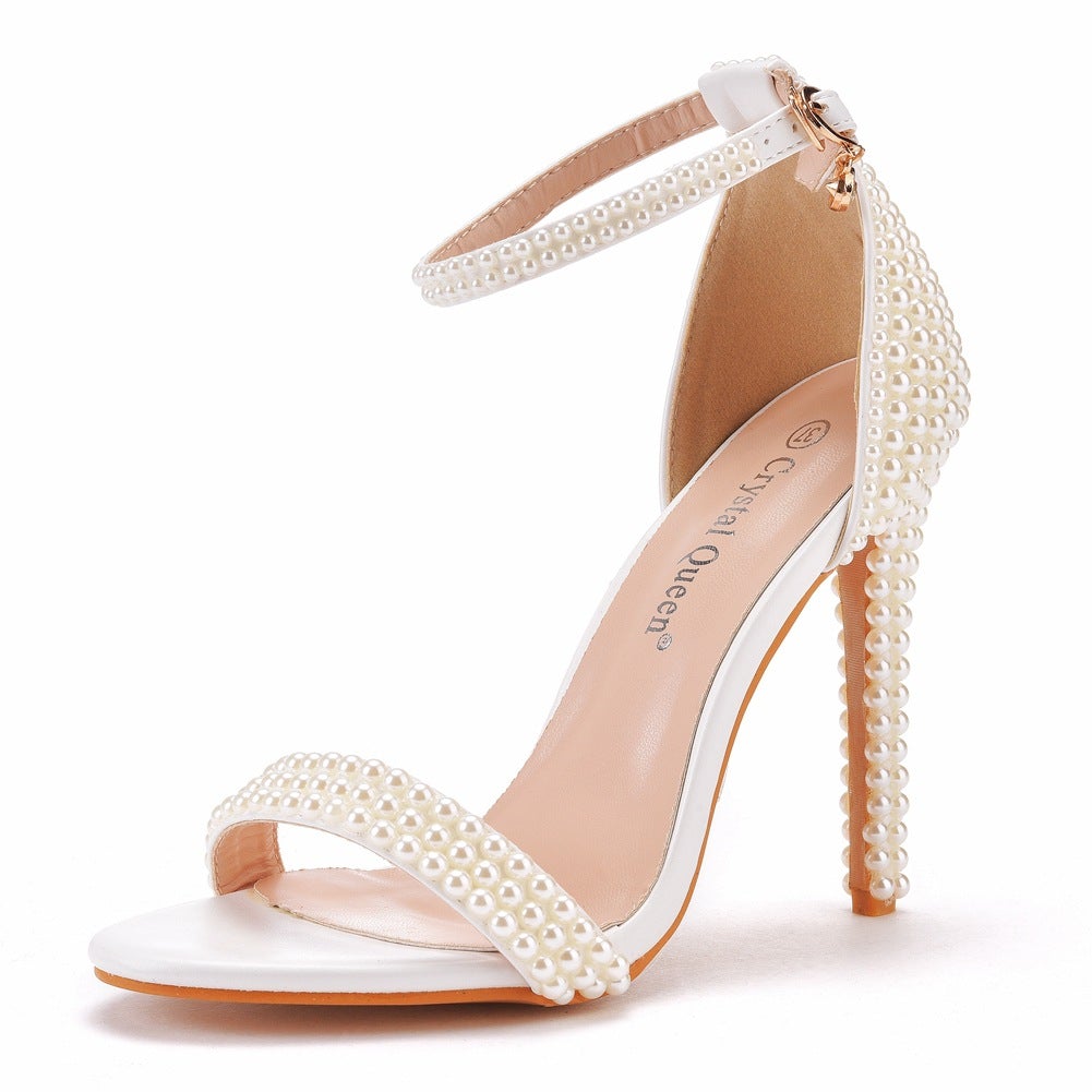 Pearls ankle strap wedding high heels one band party dress stiletto heels