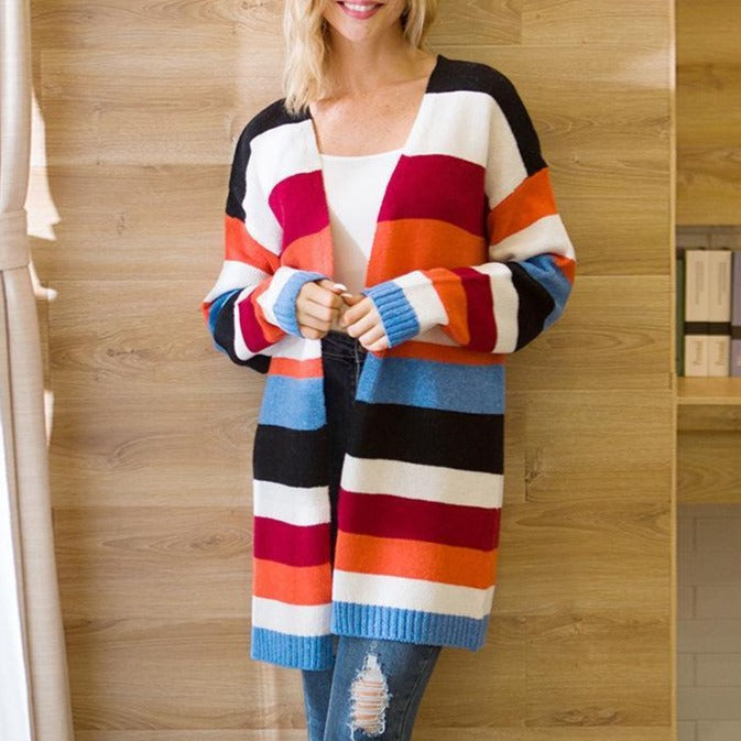 Women Color Block Stripes Long Cardigan - fashionshoeshouse