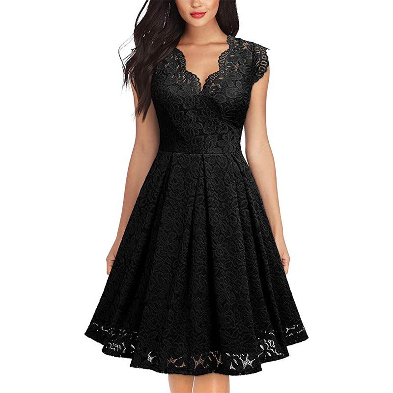 Retro floral lace v-neck cocktail party A-line dress | Sleevesless large swing party guest dress