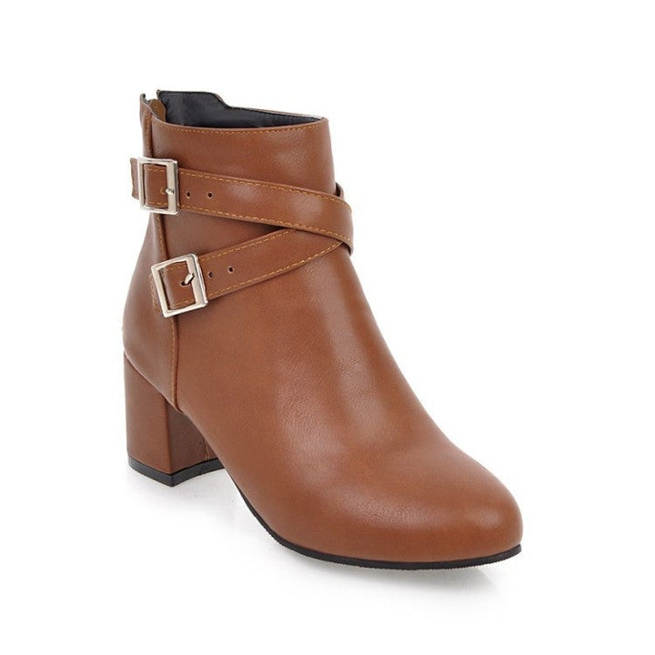 Criss buckle strap block heel ankle boots with side zipper