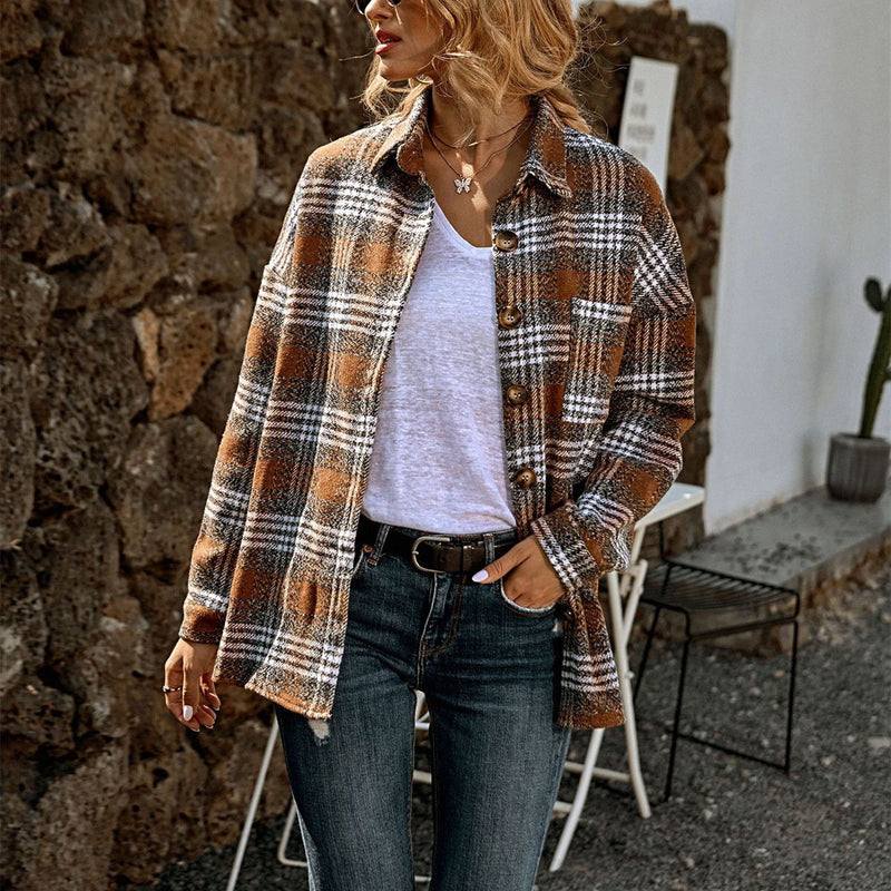 Women plaid button-down polo collared long sleeves coat tops