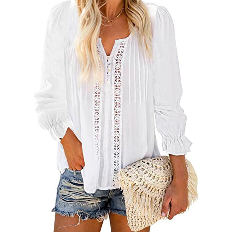 Women's lace trim hollow chiffon blouse | v neck long sleeves pullover tops