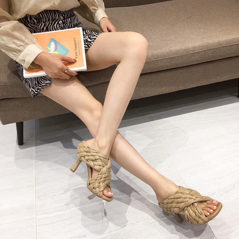 Women's trendy woven criss cross slip on peep toe heels
